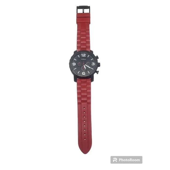 Fossil Nate JR1422 Chronograph Black Face White Accents and Red Band A7 - Picture 2 of 4